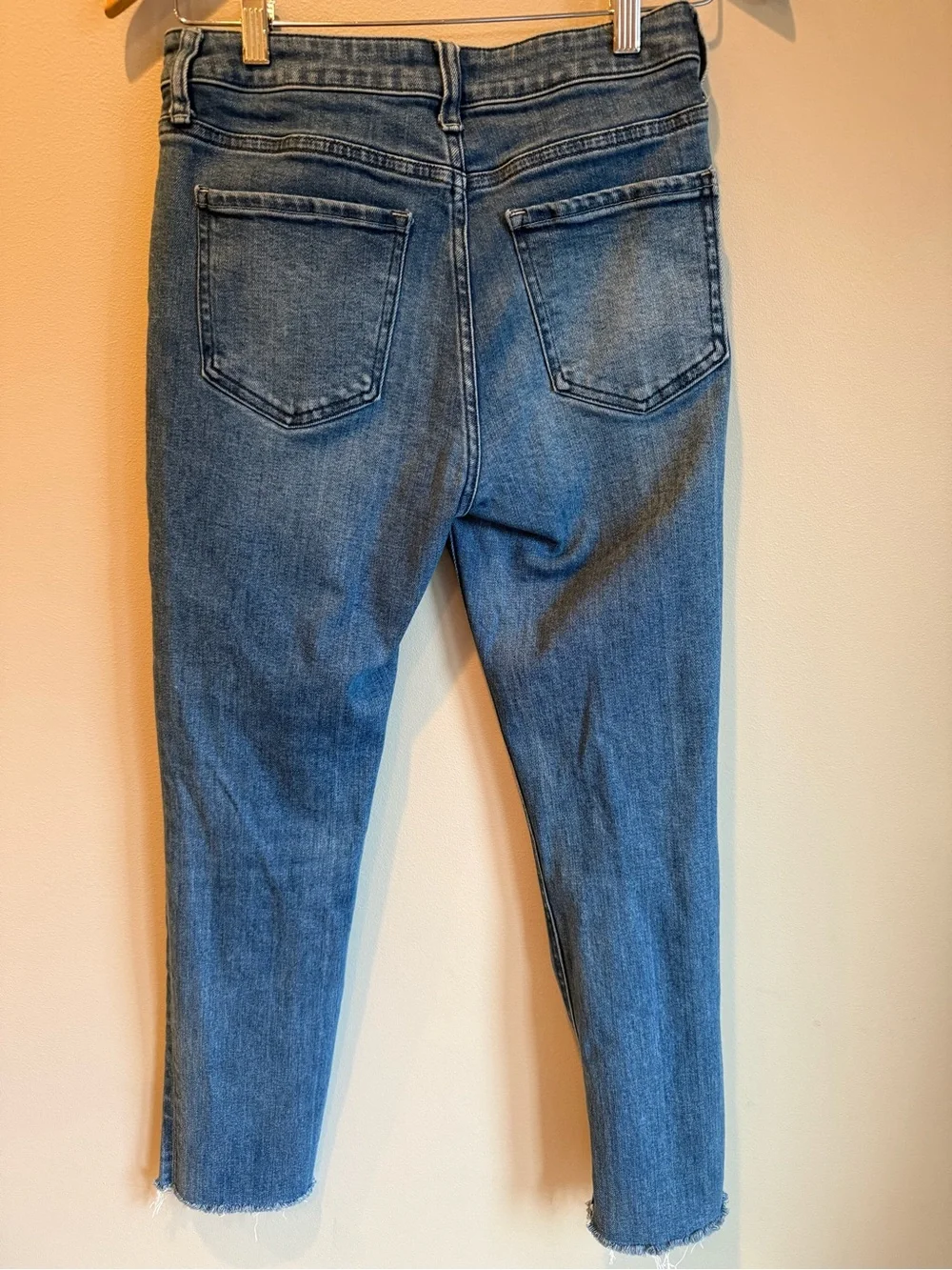 Quince Classic Blue High-Rise Straight Jeans Raw Hem Size 27